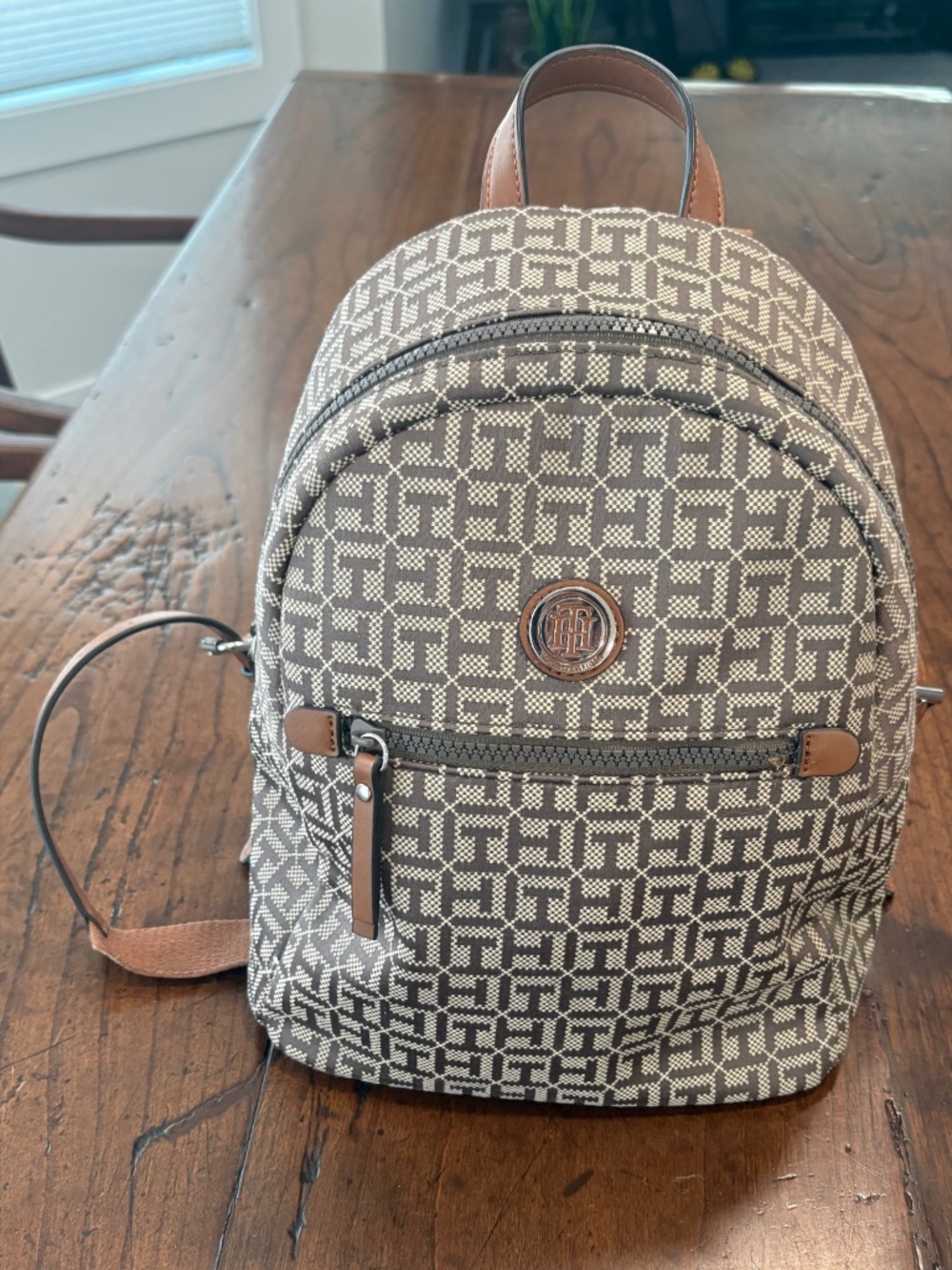 Tommy Hilfiger Monogram Jacquard Mini Dome Backpack Brown Tan Gold Medallion OS